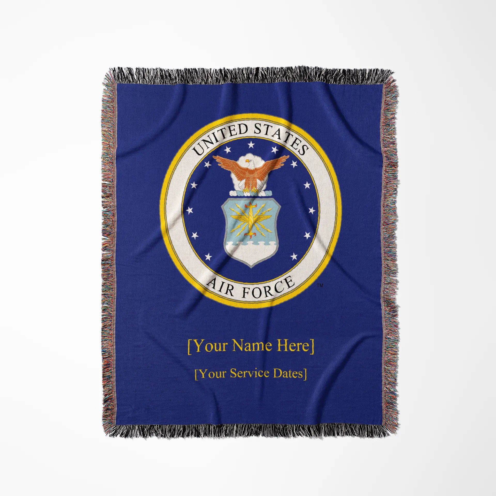 Air Force emblem with solid gold text for customer name and service dates on a blue background