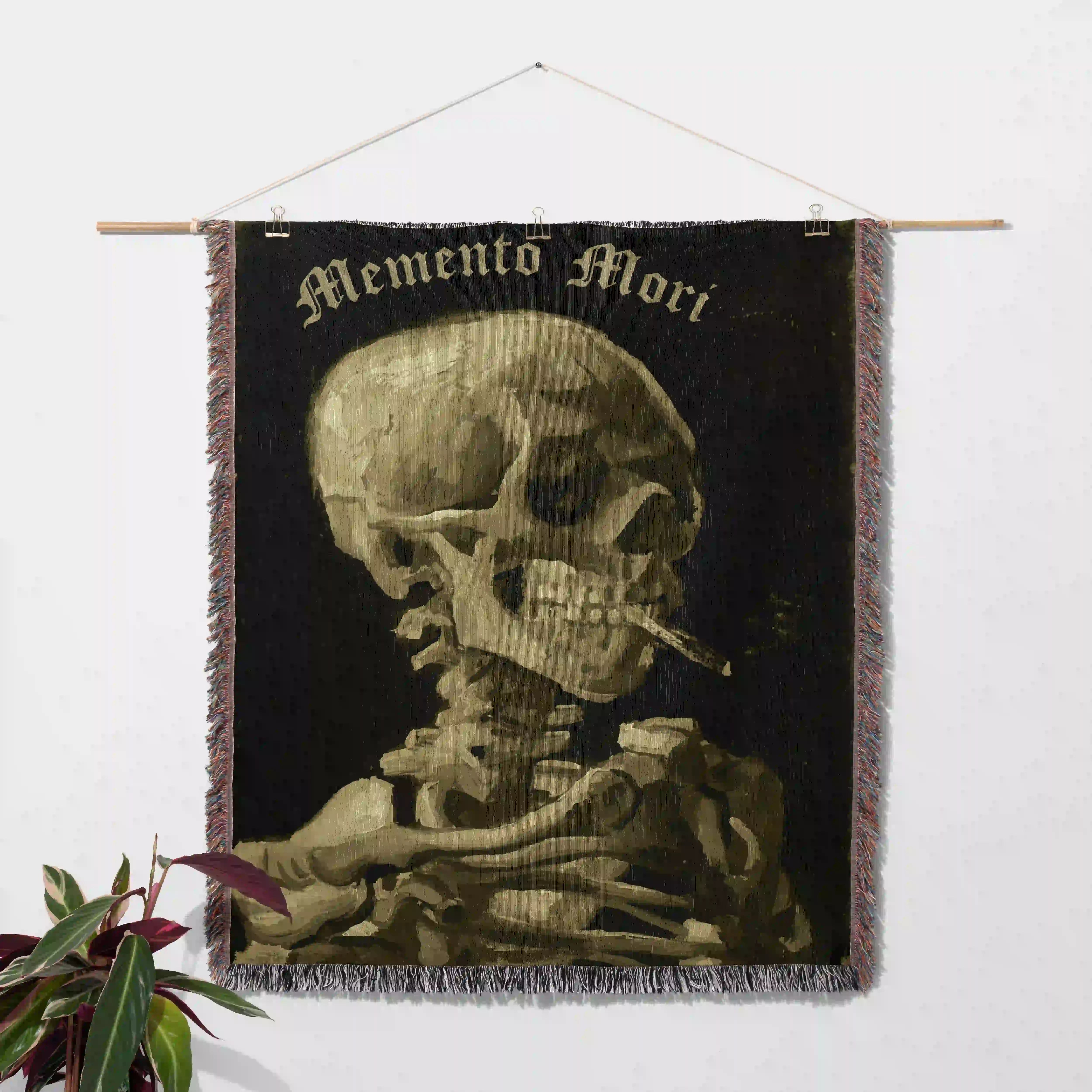 Memento Mori Woven Blanket – Van Gogh Smoking Skeleton Art Throw
