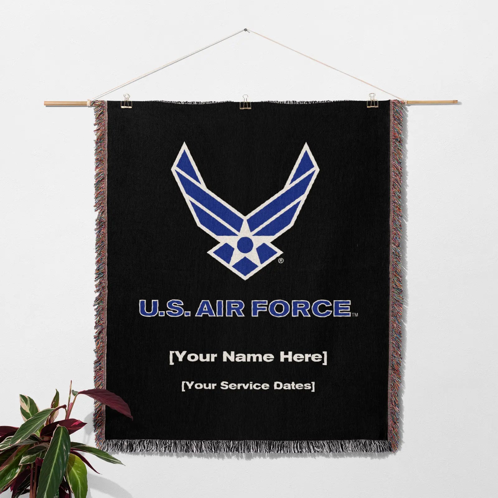 White and blue Air Force logo with solid white text for customer name and service dates on a black background