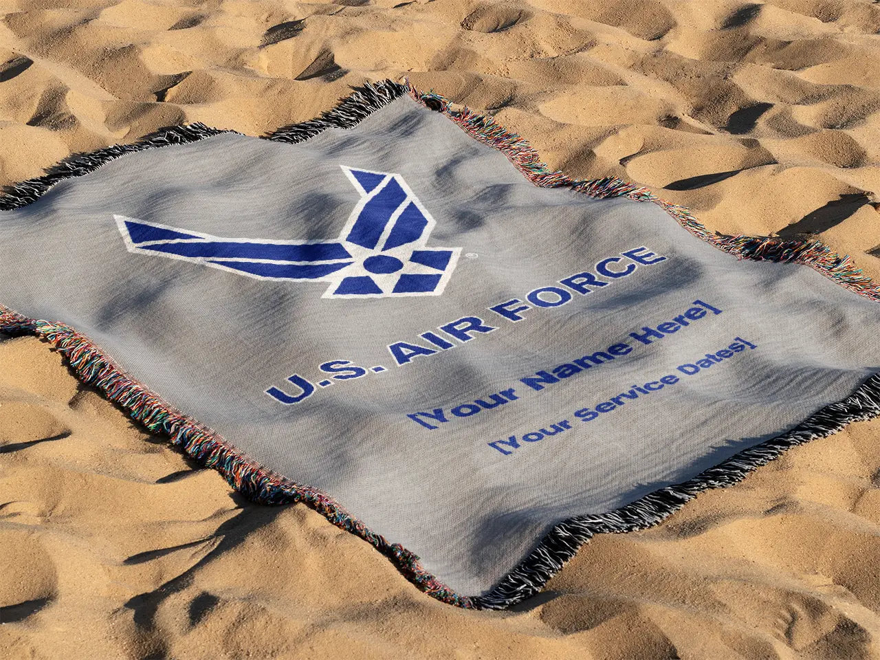 White and blue Air Force logo with solid blue text for customer name and service dates on a grey background